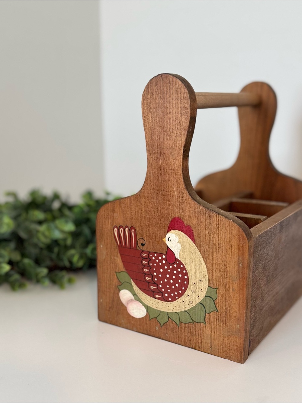 Hand-Painted Rustic Wooden Caddy with Red Hen Motif